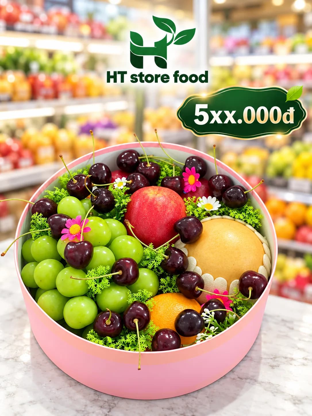 Hộp tròn hồng cherry và nho xanh